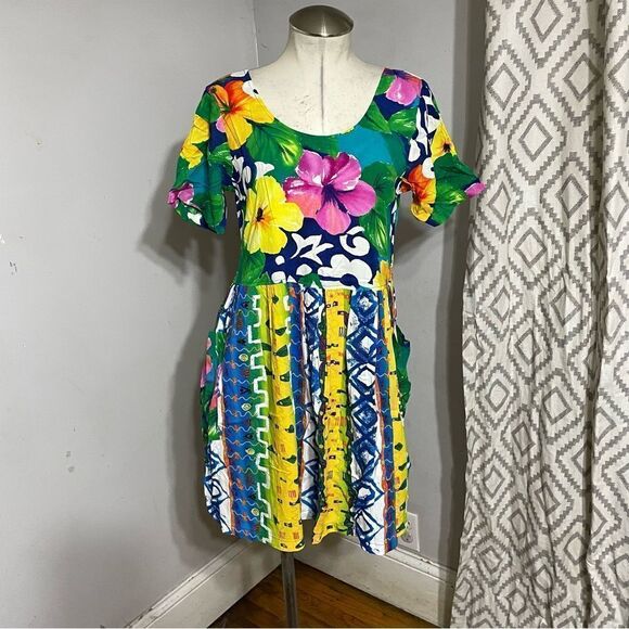 90s‎ Jams World Floral Tropical Flowy Printed Mini Dress Tiered Vintage S - Picture 2 of 10